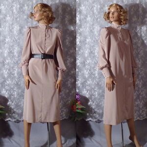 Vintage 80s Beige Dress Size Medium 1980s Retro Secretary Neutral Minimalist S/M